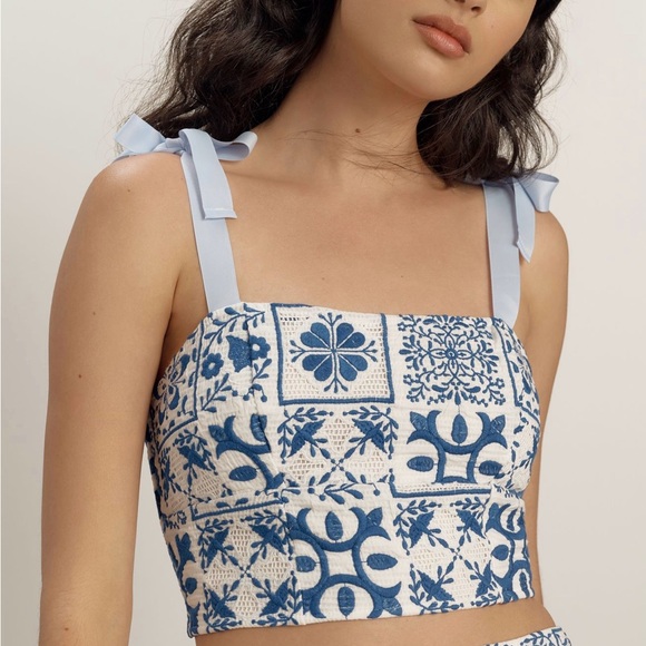Anthropologie Maeve Blue and White Embroidered Tile Print Skirt & Crop Top Set - Picture 6 of 16